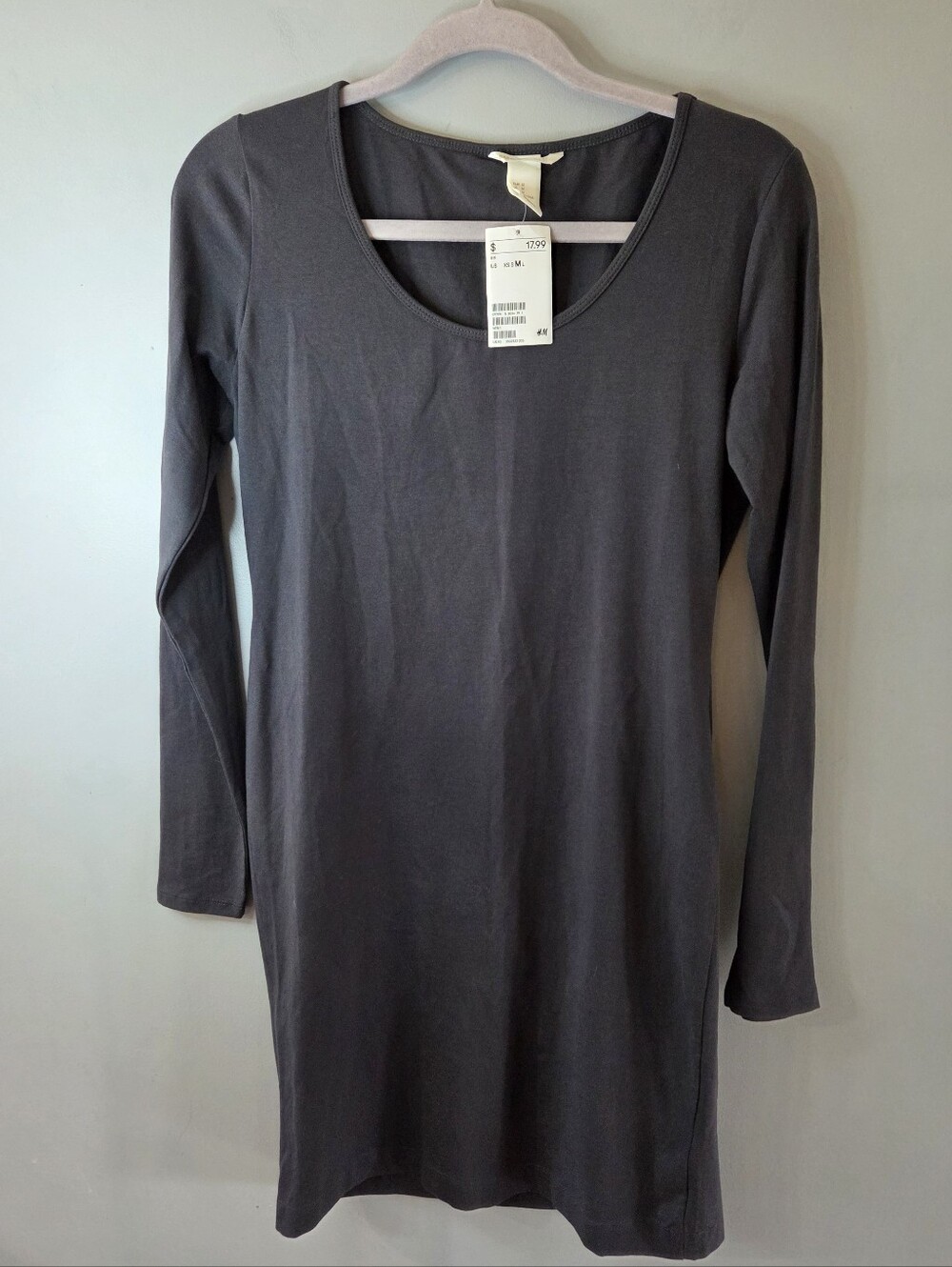 H&M Basic T-Shirt Dress Long SleeveSolid Gray Bodycon Cotton Spandex Sz M NWT